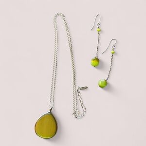 Vintage Green Cats Eye Glass Necklace & Earrings Sterling 925 Set